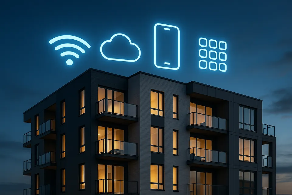 Digital fastighetsförvaltning med ikoner ovanför bostadshus