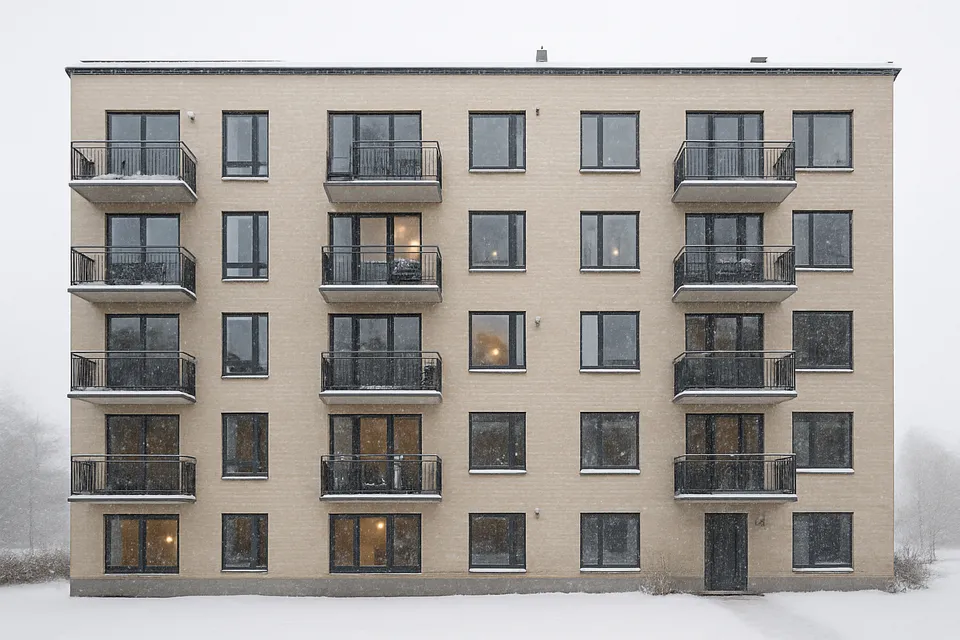 Fastighet i Stockholmsområdet med en vintrig miljö och fokus på fasaden.