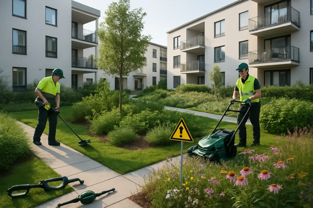 Professionell markskötsel i gårdsmiljö med hållbar plantering och elverktyg