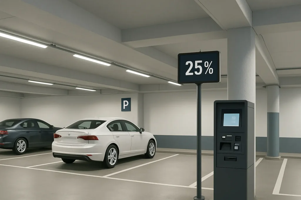 Underjordiskt garage med betalautomat och skyltning om 25% moms på parkering