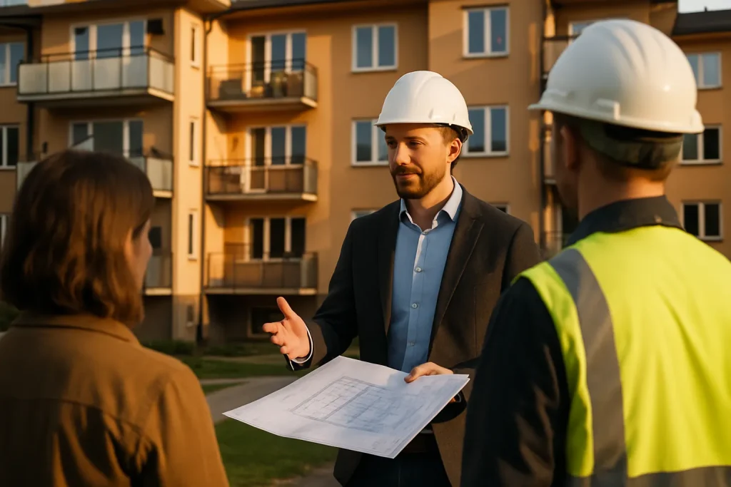 Projektledare från Spetsudden leder ett BRF-byggmöte utomhus vid ett svenskt bostadshus
