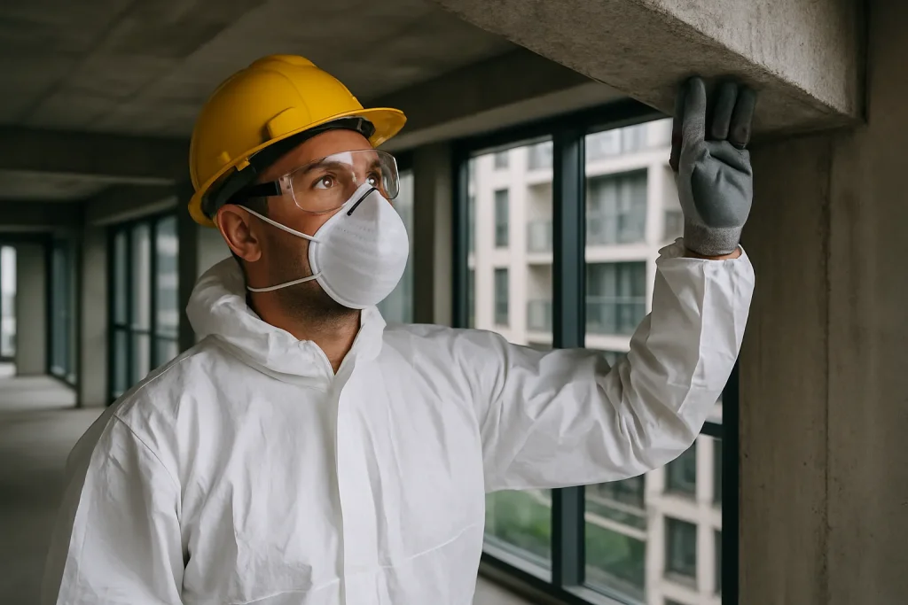 Fastighetsförvaltare planerar arbeten med skärpta asbestkrav, med personlig skyddsutrustning på plats