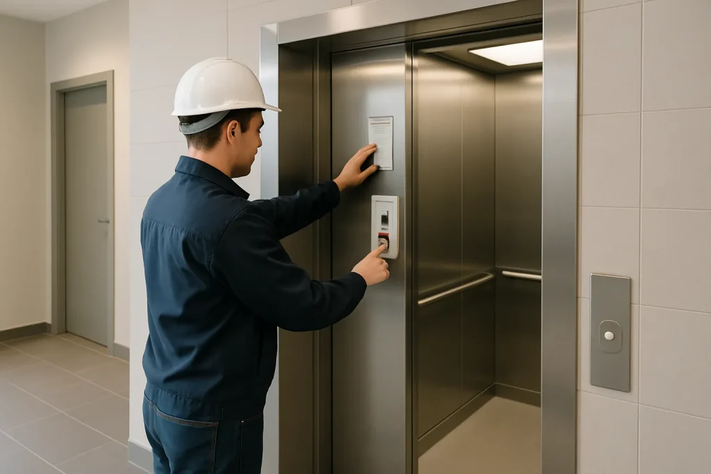 Tekniker kontrollerar hissbesiktning och nödtelefon i en BRF.