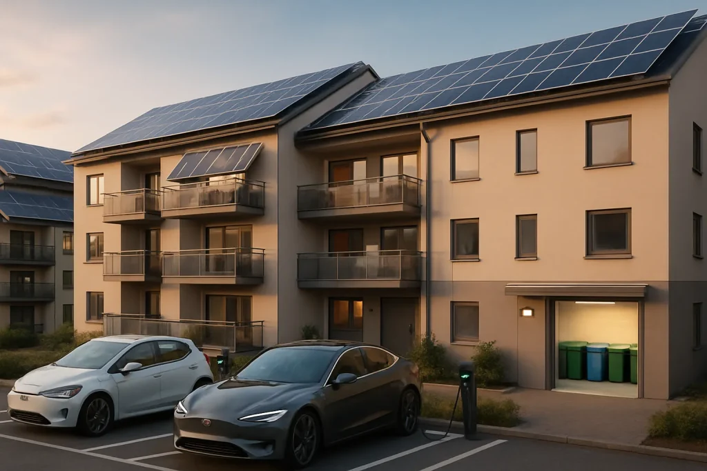 Moderna flerbostadshus med solceller, laddplatser och sorteringsrum – nya lagar 2026 i fastighetsförvaltning