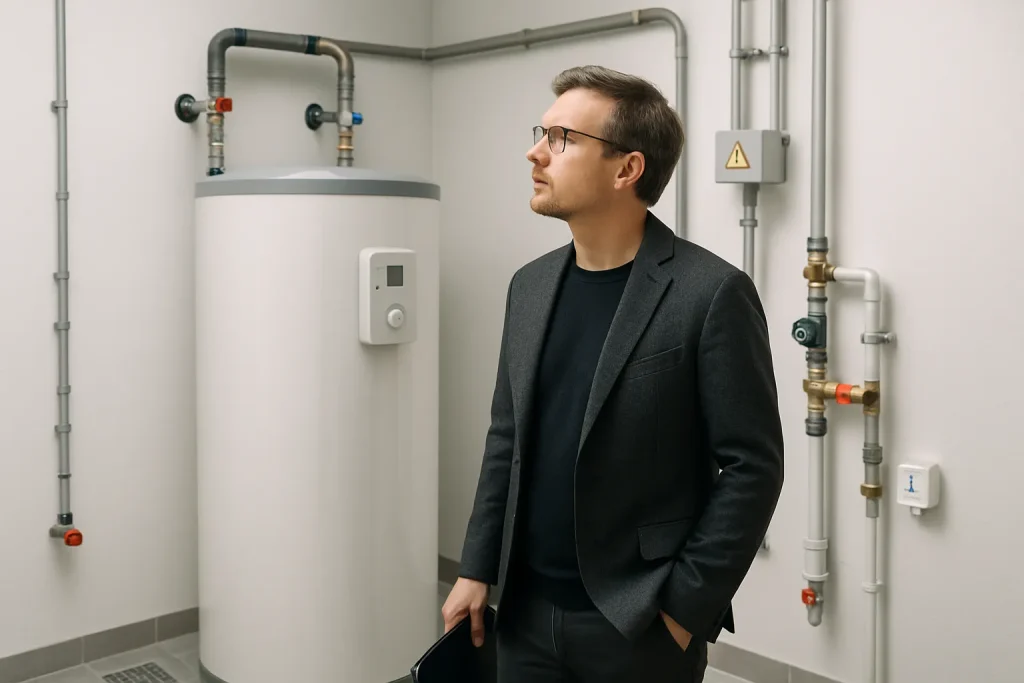 Förvaltare inspekterar teknikrum med golvbrunn, varmvattenberedare och läckagesensorer enligt Säker Vatteninstallation 2026:1.