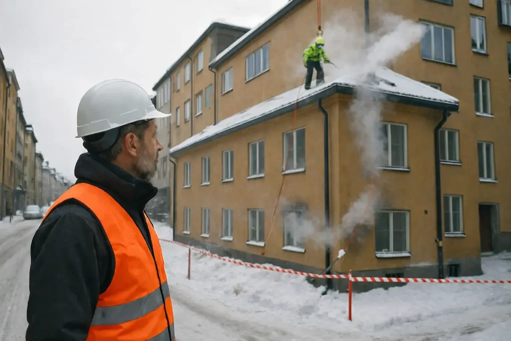 Fastighetsförvaltare övervakar säker takskottning med avspärrning i vinterstad