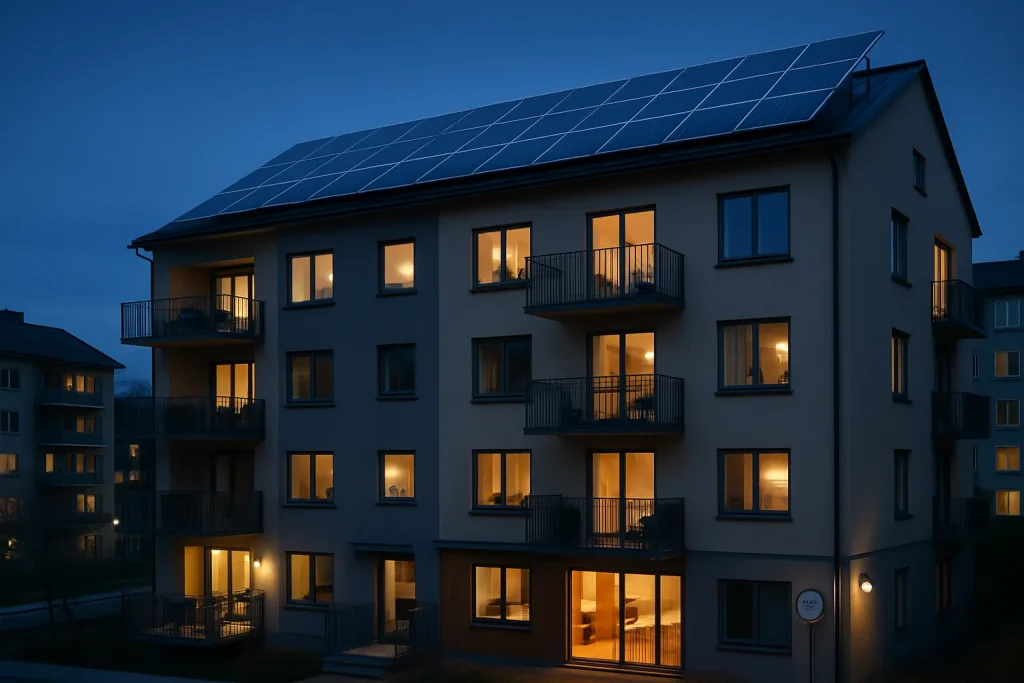 Modern BRF-byggnad med solceller och energieffektiv LED-belysning