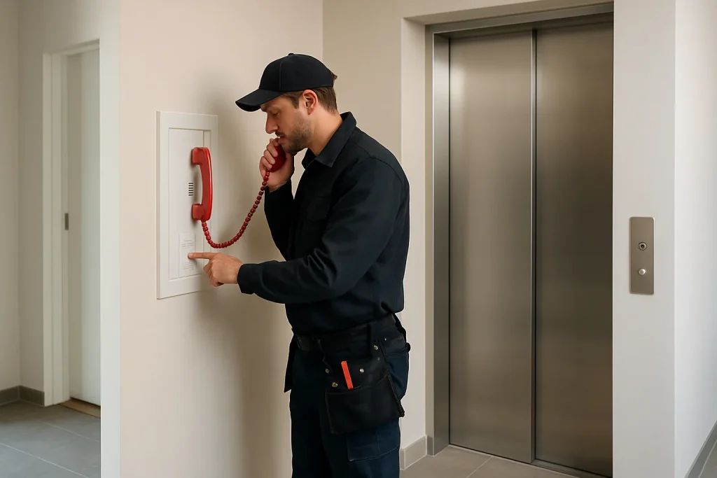 Tekniker testar nödtelefon i hiss i en BRF