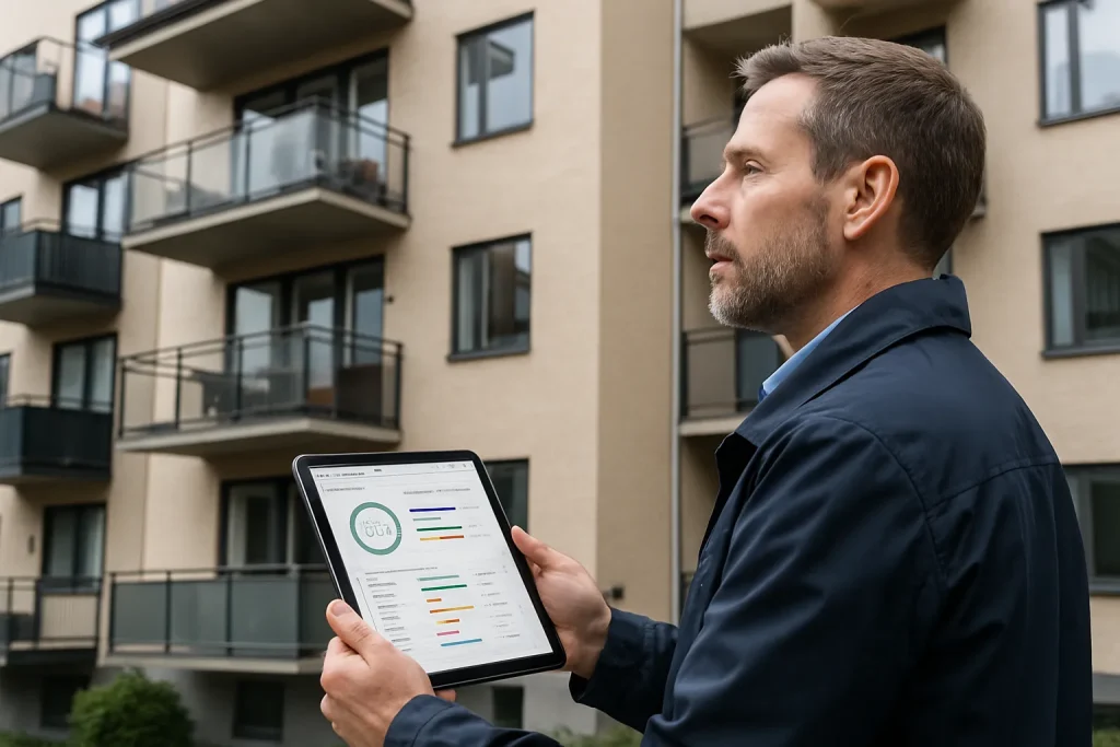 Fastighetsförvaltare med surfplatta som visar proaktiv underhållsplan framför modernt bostadshus