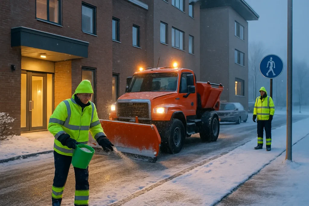 Snöröjning och säkerhet vid fastighet, plogbil och personal i reflexkläder