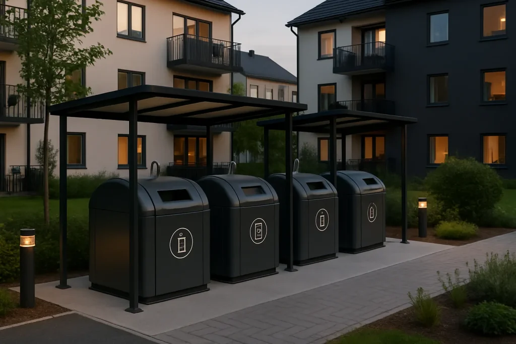 Modern fastighetsnära insamling med modulskjul och tydligt märkta kärl på BRF:s gård