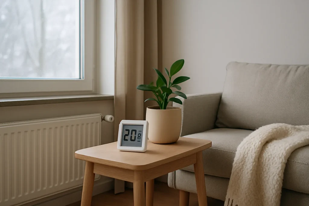 Modern lägenhet med radiator och termometer som visar 20 °C.