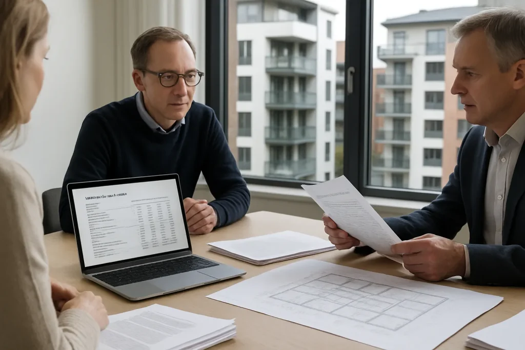 Styrelsemöte i BRF med K3-revision och årsredovisning på laptop