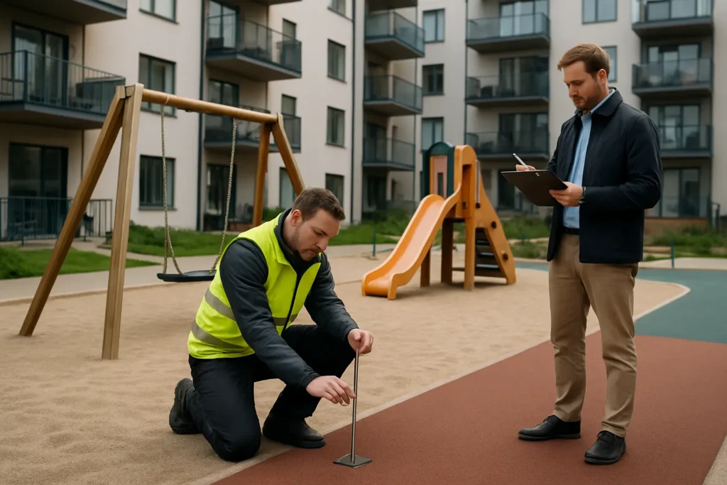Lekplatsbesiktningsman och fastighetsförvaltare kontrollerar en modern BRF-lekplats