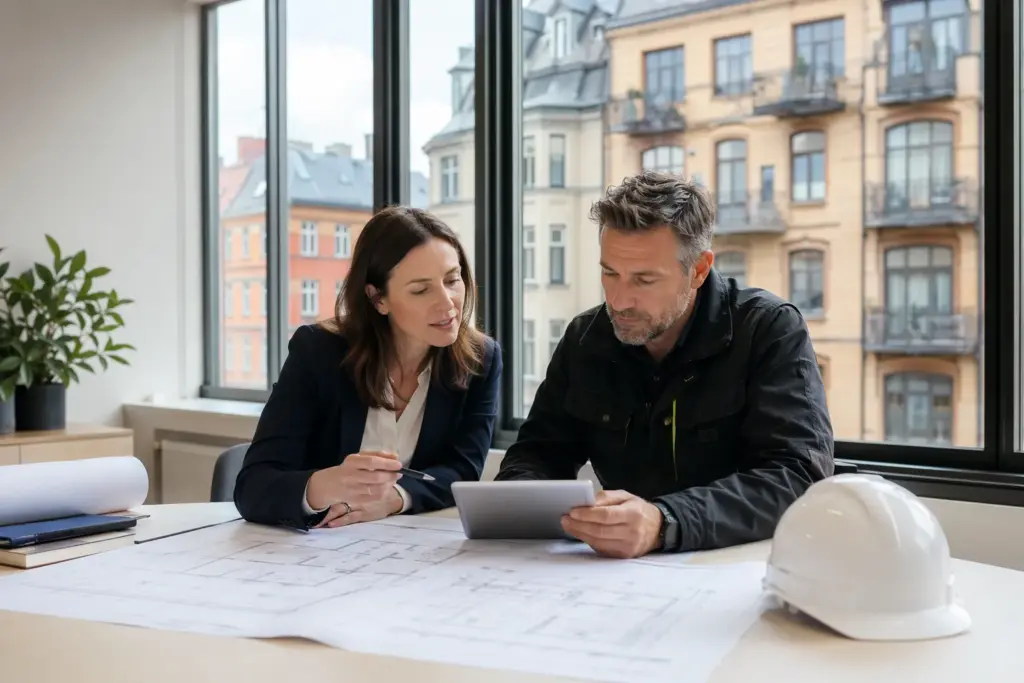 Fastighetsförvaltare och ingenjör planerar ombyggnad med ritningar och digital checklista.