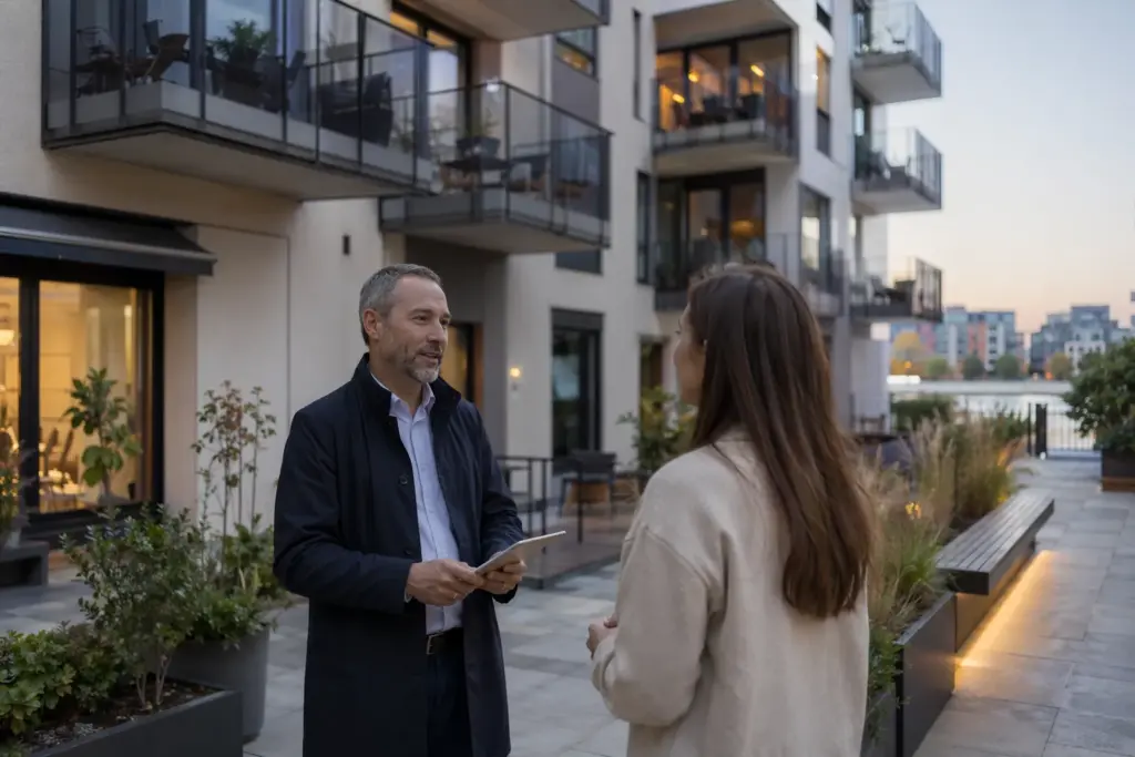 Modern nordisk bostadsfastighet med hyrköp 2026 och möte mellan förvaltare och boende
