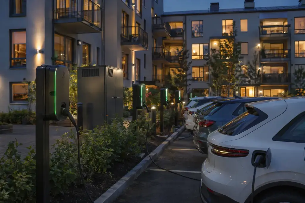 Elbil laddas på BRF-parkering enligt nya lagkrav
