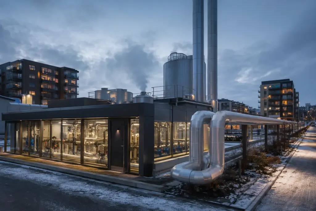 Fjärrvärmeverk och bostadshus i vinterljus