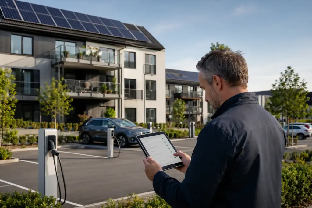 Modernt svenskt flerbostadshus med solceller, elbilsladdare och förvaltare med surfplatta