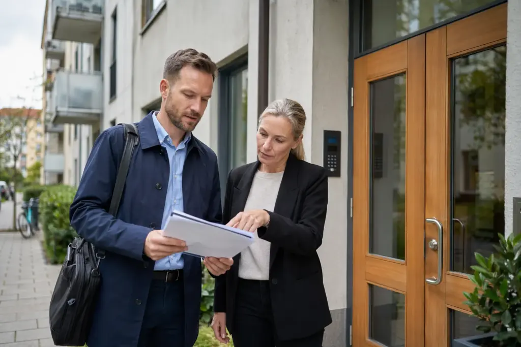 Fastighetsförvaltare och BRF-representant granskar policy för andrahandsuthyrning vid ett flerbostadshus