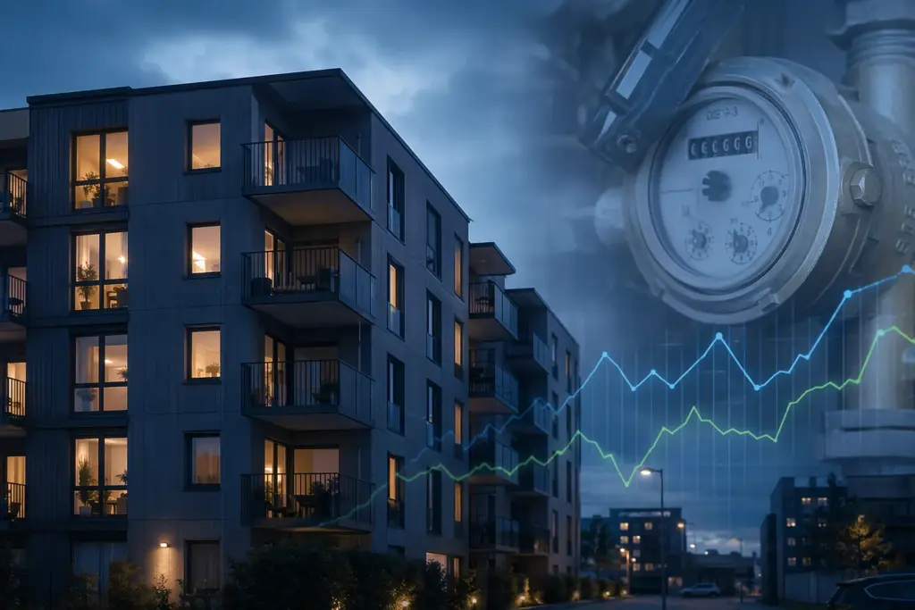 Svensk flerbostadsfastighet med vattenmätare och tariffkurvor