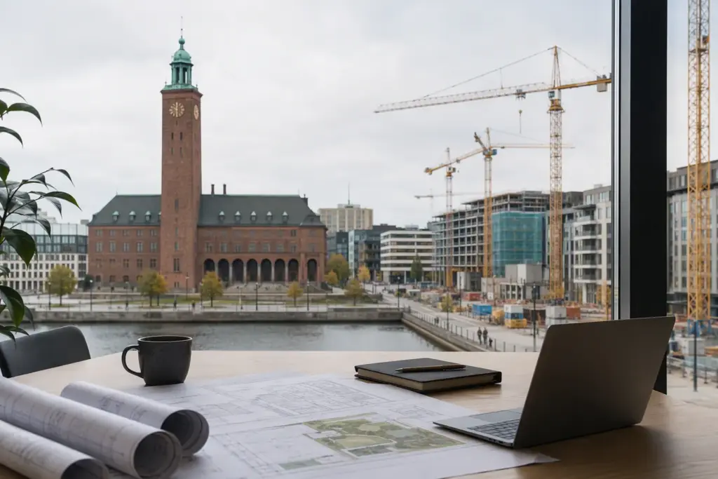 Nordiskt stadshus med byggkran och planhandlingar som symboliserar ledtider i plan- och byggprocesser 2026