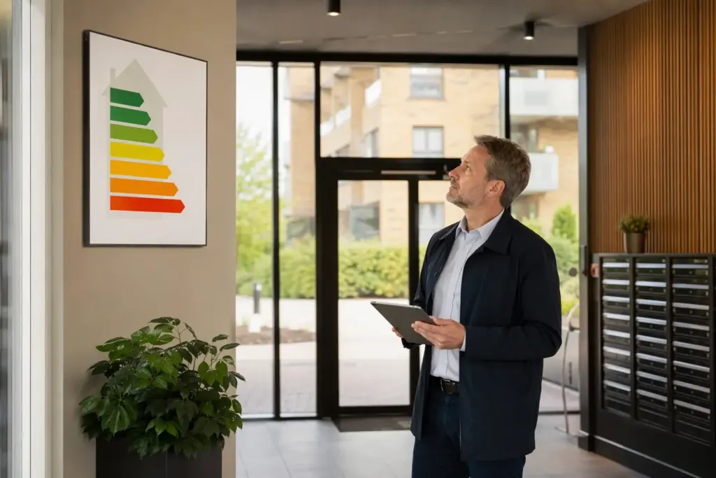 Energiklassaffisch i entré för flerbostadshus med förvaltare som kontrollerar uppgifter på en surfplatta